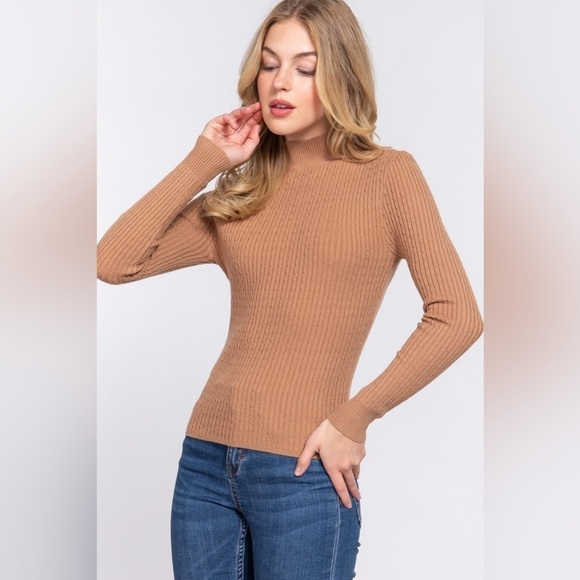 #122 New Khaki Long Sleeve Mock Neck Rib Sweater - Timeless Sophistication - Picture 3 of 5